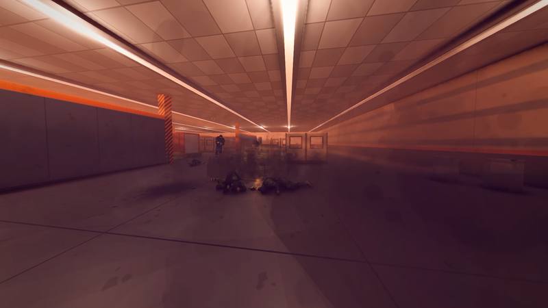 The arena hall in red light, fallen players on the floor and an enemy coming through the smoke