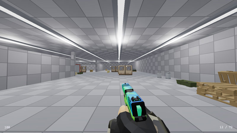 The long hall of the arena. Lights run along the ceiling from end to end, and there are crates, barrels and a truck along the walls.