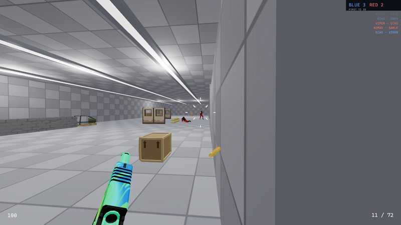 The player shoots a red bot down a side corridor. The bot is falling and the hit mark has opened around the crosshair.
