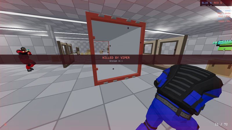 After the player dies the camera has moved behind the red bot that killed him. A banner sits across the middle of the screen.