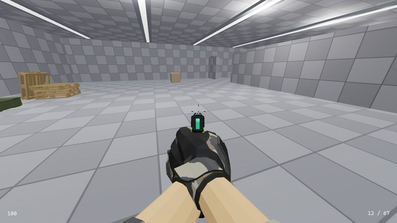 The player aims along the top of the handgun. The green front sight sits in the middle of the notch at the back.