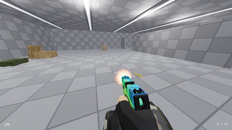 The player fires the handgun in the big hall of the arena. The muzzle is lit up, an empty case is in the air, and the ammo count is in the corner.